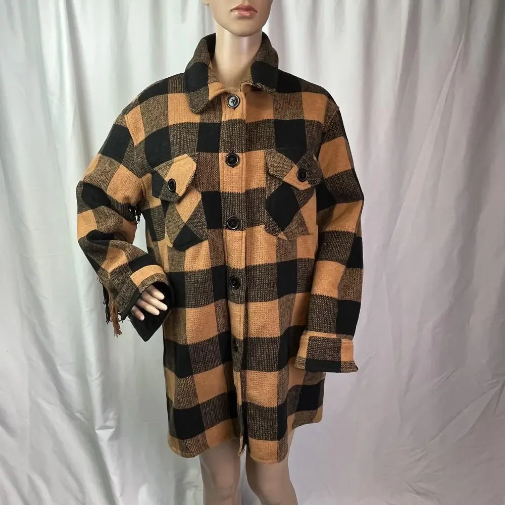 Aqua Jacket Womens Medium Black Orange Plaid Fringe Western Wool Button Front